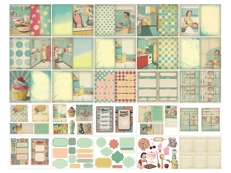 May include: A collection of vintage-style kitchen-themed digital papers and illustrations. The images feature retro kitchen scenes, polka dots, cupcakes, menus, and cooking-related elements in a pastel color palette. Ideal for scrapbooking and crafting projects.