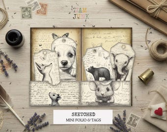 Sketched Animal Mini Folio Kit: Printable Junk Journal Tags (Digital Download)