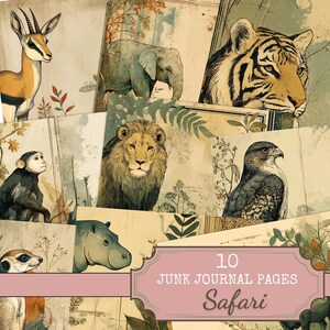 Páginas de diario basura de animales de la jungla, 10 páginas horizontales de diario basura, papel digital de león, tigre y elefante.