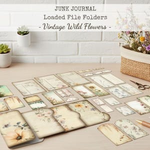 May include: A collection of vintage-style file folders and tags with floral designs. The set includes various sizes and shapes, with a color palette of beige, cream, and pastel floral accents. The words "Junk Journal" and "Loaded File Folders - Vintage Wild Flowers" are visible.