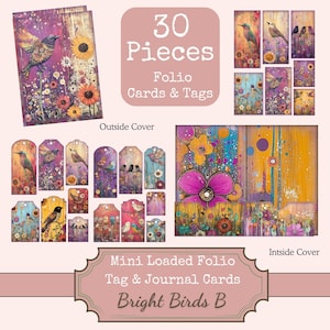 Bright Birds Junk Journal Kit: Printable Mini Folio, Tags, Cards (PDF Download)