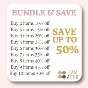May include: A white square graphic with text in shades of brown and gold, advertising a bundle and save promotion. The text reads "Bundle & Save" and lists discounts from 10% to 50% off when purchasing multiple items.