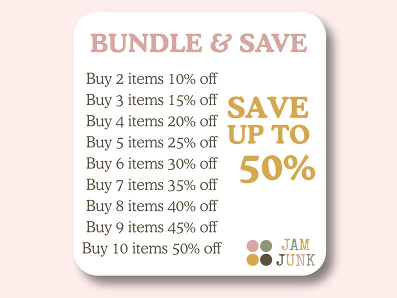 May include: A white square graphic with text in shades of brown and gold, advertising a bundle and save promotion. The text reads "Bundle & Save" and lists discounts from 10% to 50% off when purchasing multiple items.