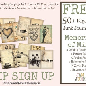 May include: A collection of vintage-style journal pages with illustrations of a heart, a couple, and a vintage van. The image also includes text that reads "FREE 50+ Page PDF Junk Journal Kit" and "Memories of Mine". The journal kit includes 33 double folding pages, 6 pattern pages, and more.