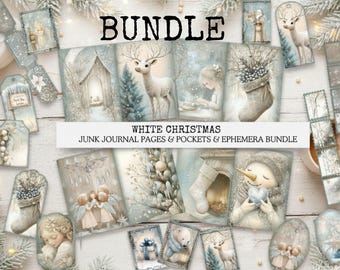 White Christmas Bundle – 61 Pages of Junk Journal fun, Neutral Christmas Crafting Kit, Digital Download