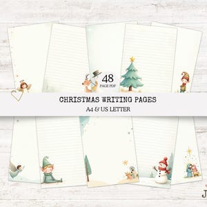 May include: A set of 48-page PDF Christmas writing pages. The pages are decorated with illustrations of angels, elves, reindeer, Christmas trees, and snowmen. The text on the image reads "Christmas Writing Pages A4 & US Letter."