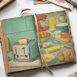 May include: An open vintage book with illustrations of a kitchen scene. One page shows a teal toaster with bread, the other page depicts baking ingredients and tools, including a mixer, bowls, and eggs. The book is surrounded by craft supplies.