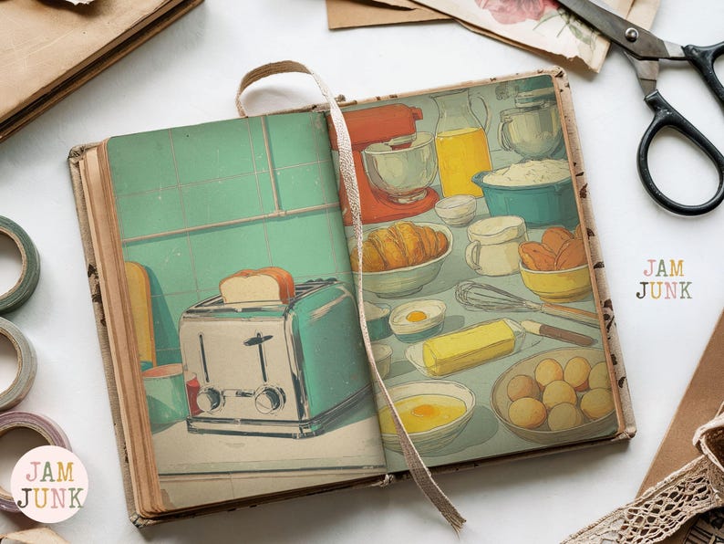 May include: An open vintage book with illustrations of a kitchen scene. One page shows a teal toaster with bread, the other page depicts baking ingredients and tools, including a mixer, bowls, and eggs. The book is surrounded by craft supplies.