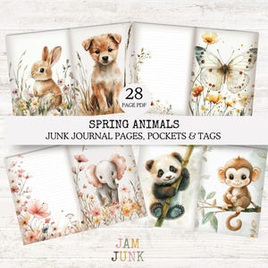 May include: A collection of watercolor junk journal pages featuring spring animals. The pages include illustrations of a bunny, puppy, butterfly, elephant, panda, and monkey. The text reads "Spring Animals, Junk Journal Pages, Pockets & Tags".