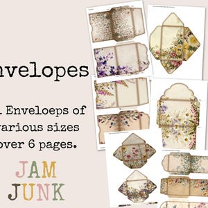 May include: A collection of 11 envelopes of various sizes, printed on six pages. The envelopes feature floral and botanical designs in soft colors. The word "Envelopes" is printed in black, and "JAM JUNK" is printed in pastel colors.