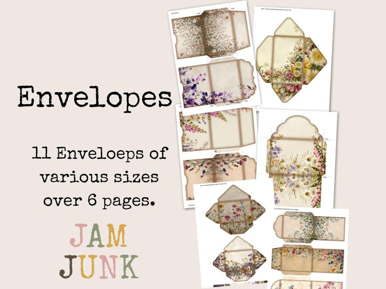 May include: A collection of 11 envelopes of various sizes, printed on six pages. The envelopes feature floral and botanical designs in soft colors. The word "Envelopes" is printed in black, and "JAM JUNK" is printed in pastel colors.
