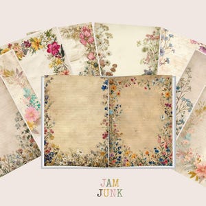 May include: A collection of vintage-style paper sheets with floral designs. The papers feature a cream-colored background with colorful flower arrangements and handwritten text. The image includes the text "JAM JUNK".