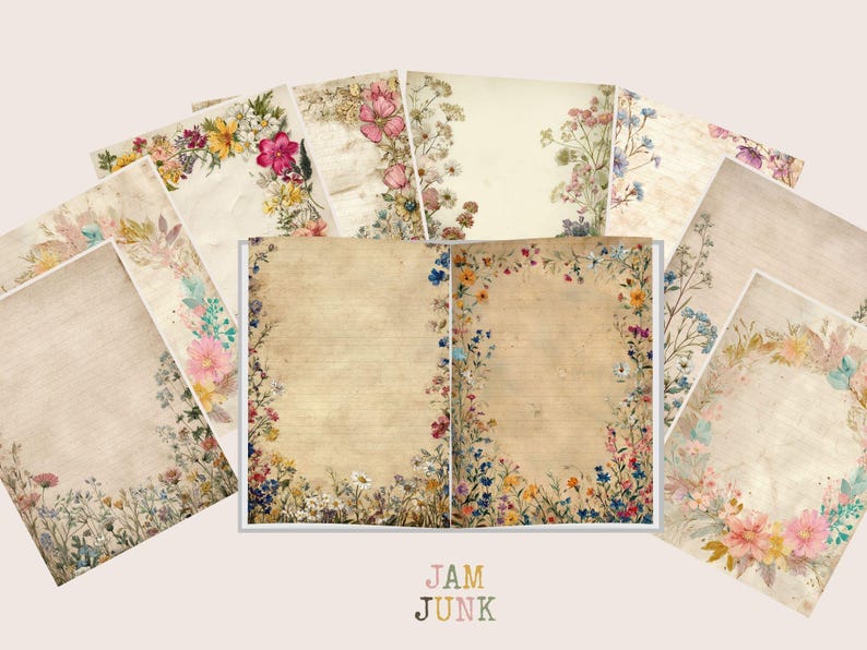 May include: A collection of vintage-style paper sheets with floral designs. The papers feature a cream-colored background with colorful flower arrangements and handwritten text. The image includes the text "JAM JUNK".