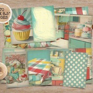 May include: A collection of vintage-style paper ephemera with a retro kitchen theme. The images include a cupcake, kitchen scenes, and polka dots. The text on the paper reads "70 11 x 8.5 PAGES" and "JAM JUNK".