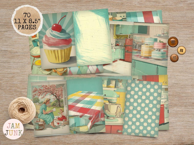 May include: A collection of vintage-style paper ephemera with a retro kitchen theme. The images include a cupcake, kitchen scenes, and polka dots. The text on the paper reads "70 11 x 8.5 PAGES" and "JAM JUNK".
