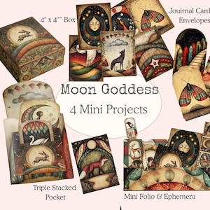 May include: A collection of art supplies featuring a box (4" x 4"), journal cards, envelopes, and mini projects. The theme is "Moon Goddess" with illustrations of a moon, a rabbit, and a fox. The set includes a triple stacked pocket and mini folio.