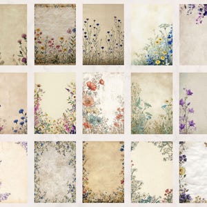 May include: A collection of fifteen vintage-style digital papers. Each paper features a beige background with watercolor floral arrangements in various colors, including purple, blue, red, and yellow. The floral designs are arranged along the edges.