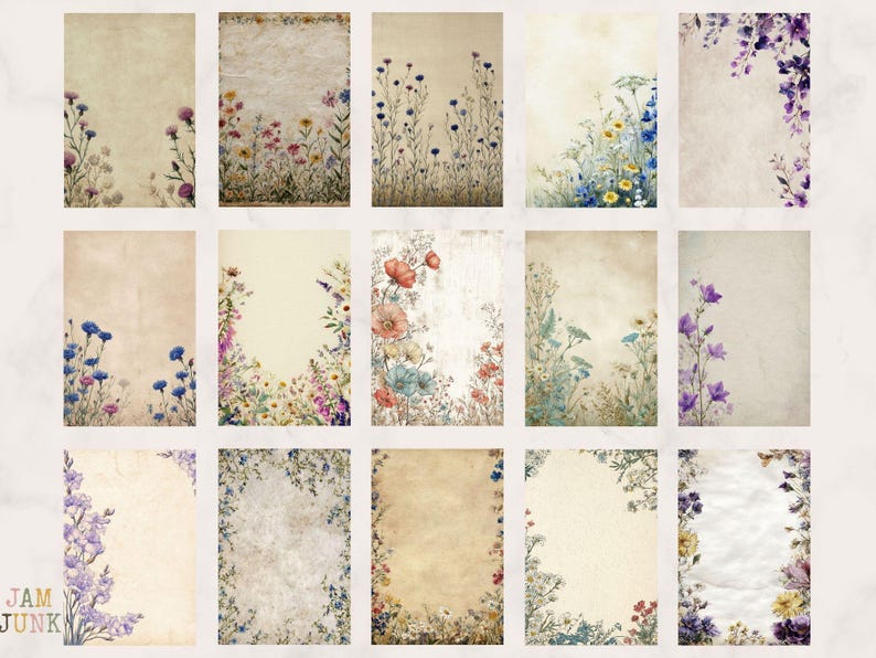May include: A collection of fifteen vintage-style digital papers. Each paper features a beige background with watercolor floral arrangements in various colors, including purple, blue, red, and yellow. The floral designs are arranged along the edges.