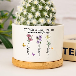 Personlig mini-växtkruka i keramik för vänskap, blomkruka med födelsemotiv, det tar lång tid att få en gammal vän, bästa vän-present, vänpresent