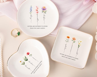 Le sorelle sono fiori diversi dello stesso giardino, porta anelli personalizzato per sorella, porta gioielli dell'amicizia, porta anelli a forma di fiore per le migliori amiche