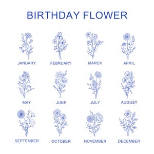 Pu&ograve; includere: Su sfondo bianco, il testo blu "BIRTHDAY FLOWER" sovrasta dodici illustrazioni floreali blu. Ogni illustrazione rappresenta un mese, con il nome del mese sottostante. I fiori sono disegnati in blu.