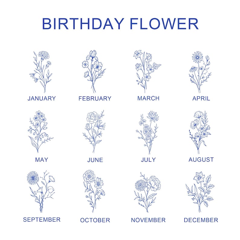 Pu&ograve; includere: Su sfondo bianco, il testo blu "BIRTHDAY FLOWER" sovrasta dodici illustrazioni floreali blu. Ogni illustrazione rappresenta un mese, con il nome del mese sottostante. I fiori sono disegnati in blu.