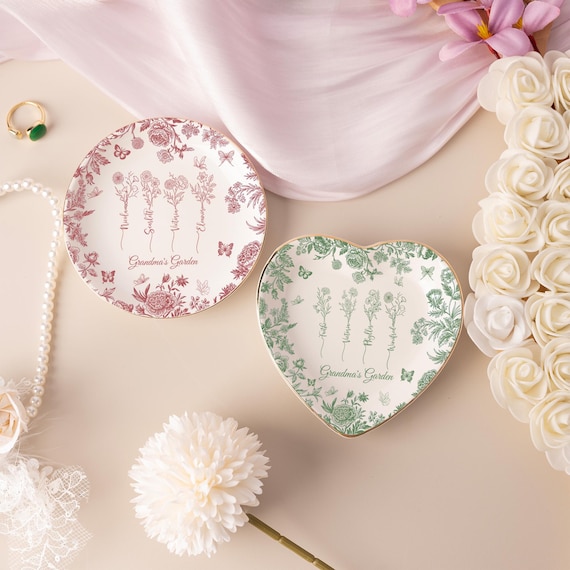 Toile De Jouy Birth Flower Ring Dish,Nana's Garden,Gifts for Grandma Nana Mom,Grandma's Garden Ceramic Jewelry Dish,Gifts From Grandkids