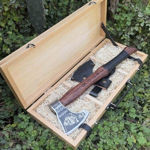 Hand Forged Viking Axe, Carbon Steel Camping Tool, Rosewood Handle, Wooden Box