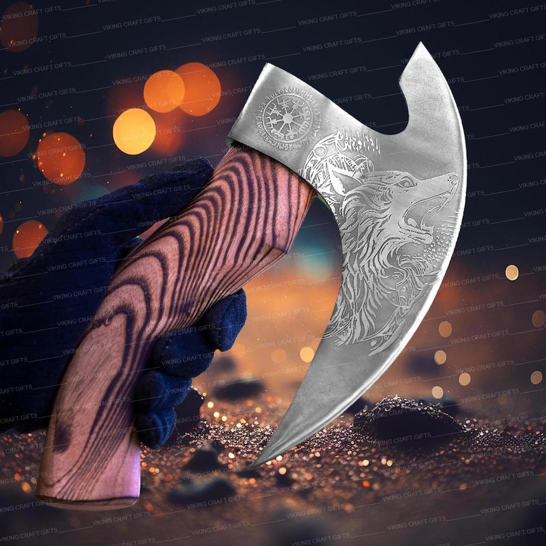 May include: A silver axe with a wooden handle. The axe head has a wolf design and a circular symbol with runes. The handle is dark brown with a wood grain pattern.