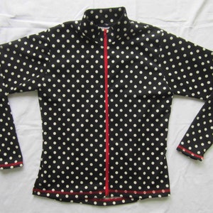 Women's cycling Jacket Black with White Dots Red zipper Reflective Trim-  Large and XL available