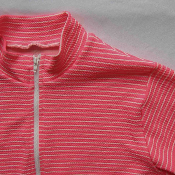 Women's Bike jersey Jacket Full zipper w/ Pockets Neon Pink and White stripe - Large