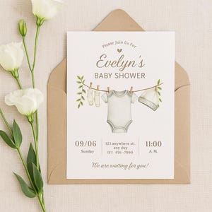Bewerkbare genderneutrale rompersuitnodiging voor douche, wit en beige aquarel babyshoweruitnodiging, bewerkbare afdrukbare download