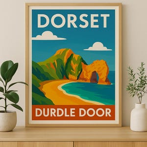 Durdle Door Dorset Travel Poster Vintage-Style Digital Download Wall Art, Jurassic Coast Landscape Print, Coastal Home Decor, Printable Art