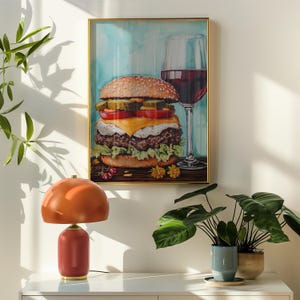 Burger and Red Wine Art Print, Elegant Fast Food Decor, Trendy Cocktail Wall Art, Oil Painting for Kitchen
