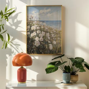 Coastal Printable Wildflower Field Landscape Art, Vintage Summer Beach Print, Farmhouse Floral Wall Decor