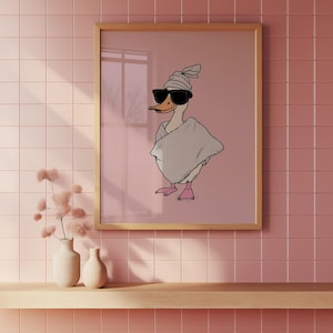 Cute Duck with Pink Curlers - Minimalist Line Art Print, Funny Bathroom Wall Art, Quirky Duck Poster