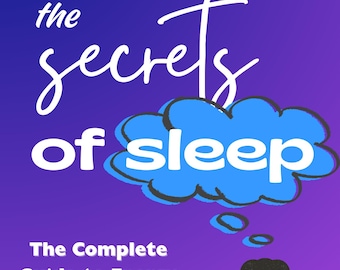 Puede incluir: Portada de libro con un fondo degradado púrpura y azul. El título "The Secrets of Sleep" está en escritura blanca. Una persona de dibujos animados está en la cama, y el texto dice "La guía completa para la recuperación de energía y un mejor sueño."
