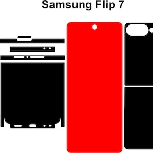 Pode incluir: Ilustração gráfica de uma capa de telefone Samsung Flip 7. O design apresenta uma peça retangular vermelha, uma peça retangular preta e uma peça em preto e branco. O texto "Samsung Flip 7" está no topo.