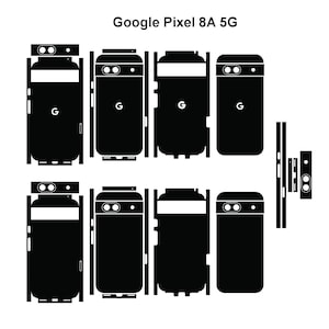 May include: Black vinyl skins for a Google Pixel 8A 5G phone. The skins are shown in various configurations, including the front, back, and sides of the phone. The Google logo is visible on the back of the phone. The text "Google Pixel 8A 5G" is at the top.