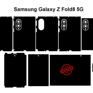 以下が含まれることがあります： Samsung Galaxy Z Fold8 5G用の黒い粘着スキンセット。デバイス本体やカメラモジュール用の様々な長方形の切り抜きが含まれています。1つのパーツには、中央に「TESTED」という文字が入った赤い円形のスタンプが押されています。