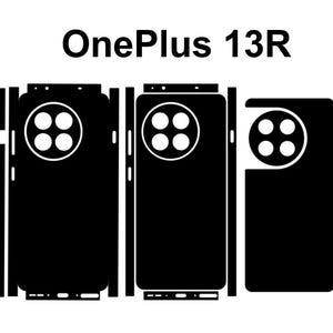 Puede incluir: Una ilustración en blanco y negro de un kit de protector de pantalla para el teléfono OnePlus 13R. El kit incluye un protector de pantalla, un protector de lente de cámara y un protector de botón lateral.