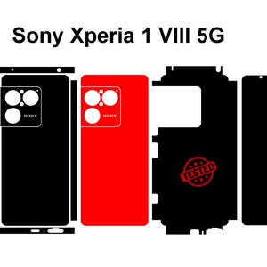 Peut inclure: Un ensemble d'autocollants noirs et rouges pour smartphone Sony Xperia 1 VIII 5G. Le kit comprend plusieurs pièces découpées avec précision pour le dos, les côtés et le module caméra, avec une pièce rouge et un tampon rouge marqué TESTED.