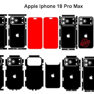 May include: A collection of black and red adhesive vinyl skins for an Apple iPhone 18 Pro Max, featuring cutouts for the camera array and Apple logo. The set includes various protective decals for the back, sides, and front of the smartphone.