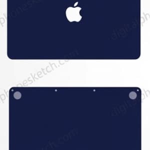 May include: A dark blue protective laptop skin featuring a white Apple logo on the top cover and a matching bottom cover with four circular feet and small screw holes, designed to fit the exterior surfaces of a portable computer device.