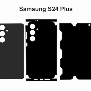 Puede incluir: Silueta en blanco y negro de un teléfono Samsung S24 Plus con un recorte para la cámara en la parte posterior. El teléfono se muestra con un protector de pantalla, una cubierta posterior y un protector de lente de cámara.