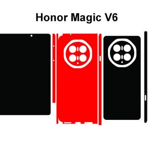 May include: An image of Honor Magic V6 phone skins in black and red. The image shows the front, back, and side skins. The back skin is red with a white camera cutout. The front skin is black. The text "Honor Magic V6" is at the top.