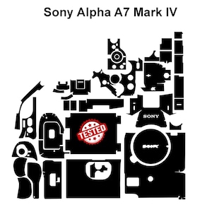 May include: A black adhesive skin kit for a Sony Alpha A7 Mark IV camera, featuring various precision-cut shapes for camera body coverage. The set includes a red circular badge with the text TESTED and white Sony branding on specific pieces.