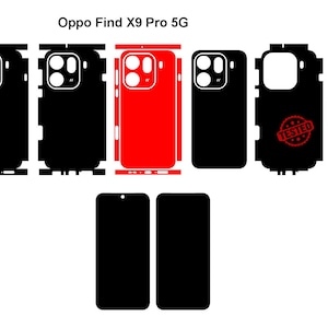 May include: A set of black and red vinyl skin decals for an Oppo Find X9 Pro 5G smartphone. The set includes precision-cut pieces for the back panel, camera module, and front screen, with one piece featuring a red circular stamp labeled TESTED.