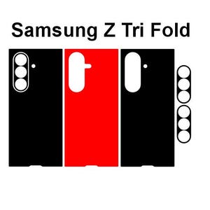Puede incluir: Gráfico de un teléfono Samsung Z Tri Fold. El teléfono se muestra en tres secciones: dos negras y una roja. El teléfono tiene una matriz de cámara blanca y una forma ovalada alargada blanca. El texto "Samsung Z Tri Fold" está en la parte superior.