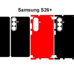 May include: A graphic showing black and red phone skins for a Samsung S26+ phone. The skins are cut to fit the phone's shape, with cutouts for the camera and other features. The text "Samsung S26+" is at the top.